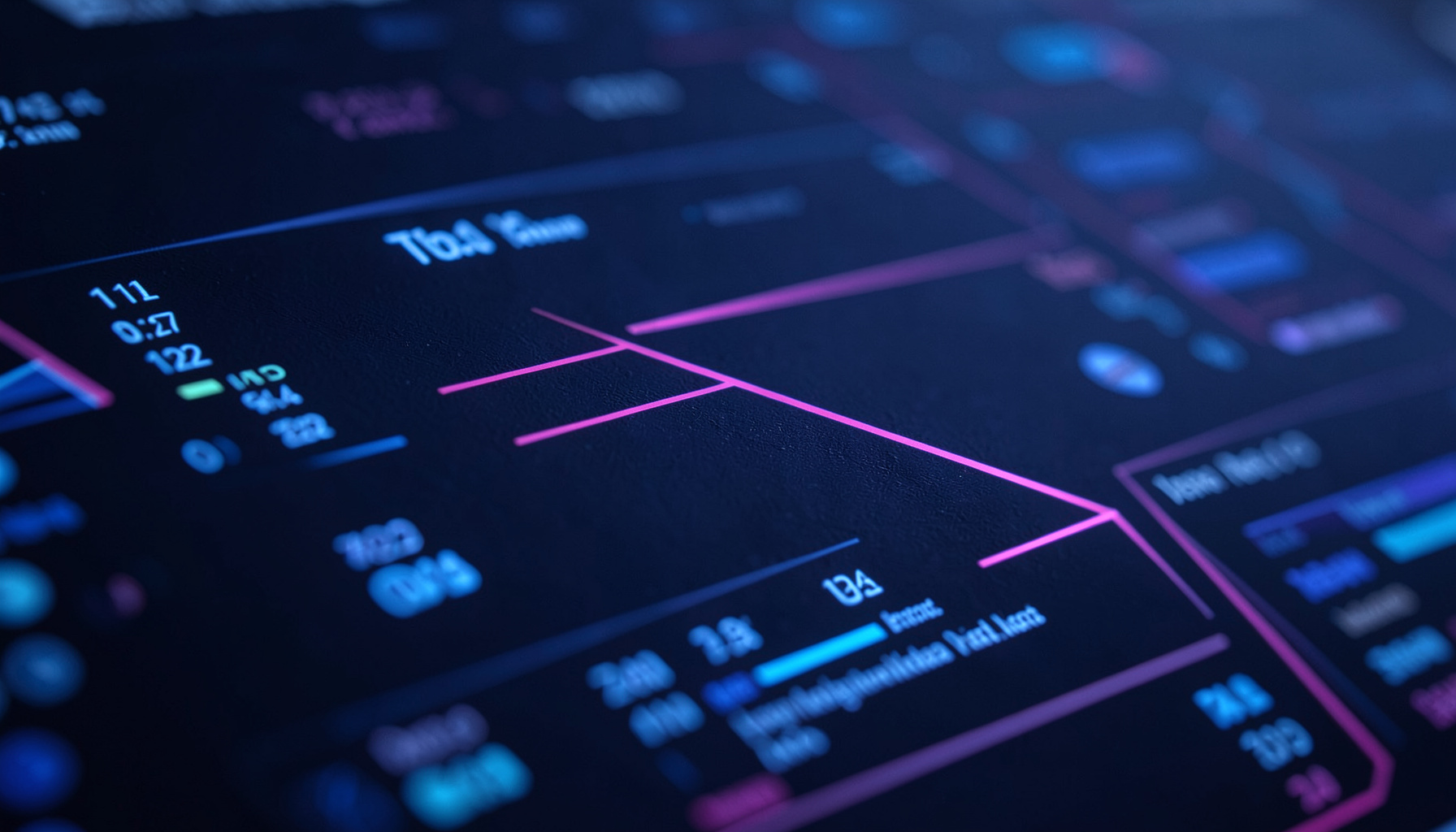 Dark navy interface panel with neon-accented data rows and glowing magenta dividers, sleek futuristic dashboard aesthetic