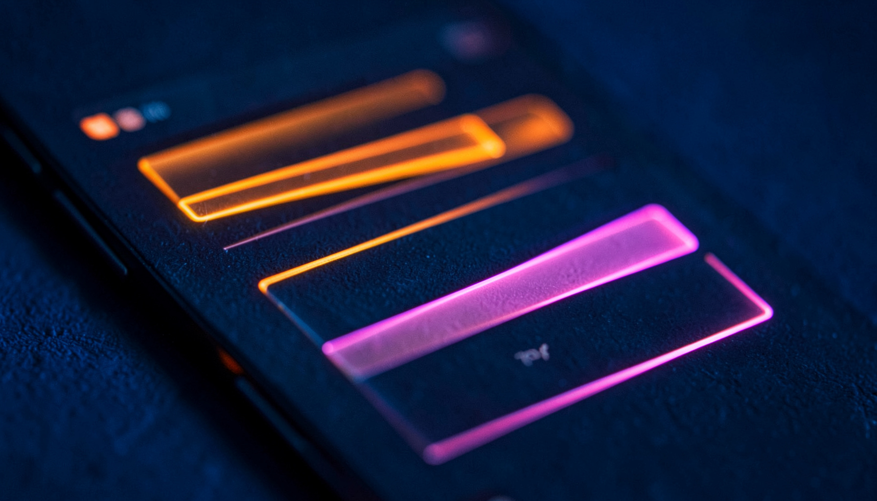 Dark-themed registration form interface with neon orange and magenta input fields against deep navy background
